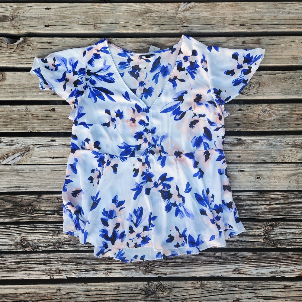 Torrid Babydoll Floral Georgette Flutter Sleeve Blouse White Blue Pink Spring 0